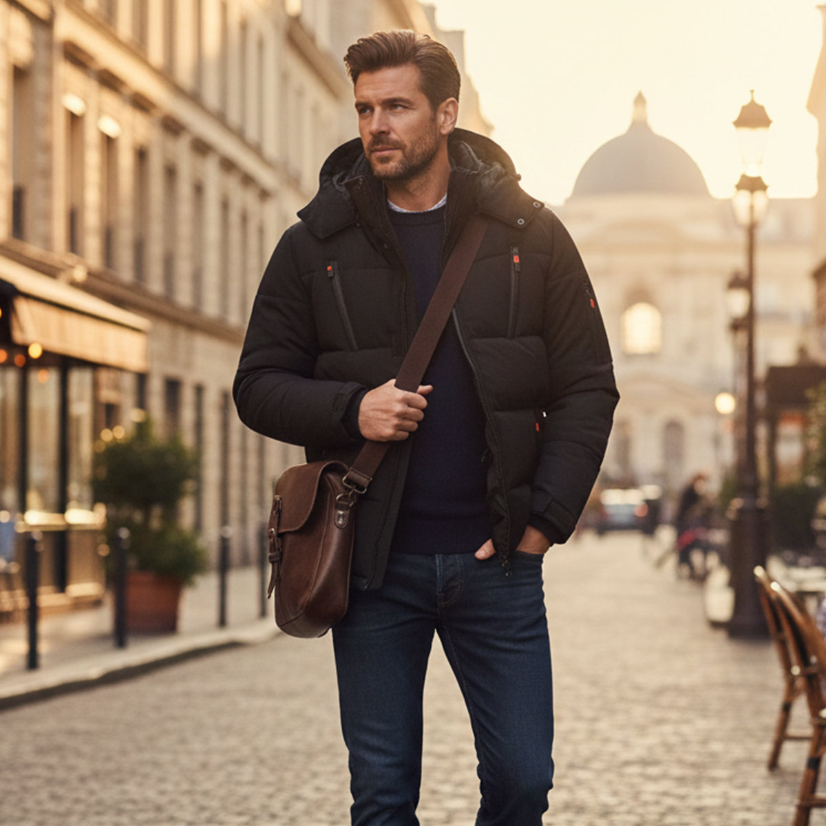 Warm Men's Hooded Puffer Parka with Zip Pockets