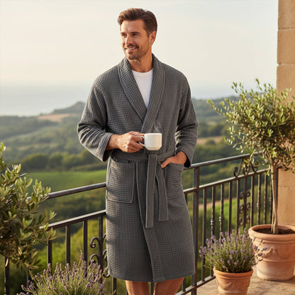 Soft Men's Waffle Weave Bath Robe with Tie