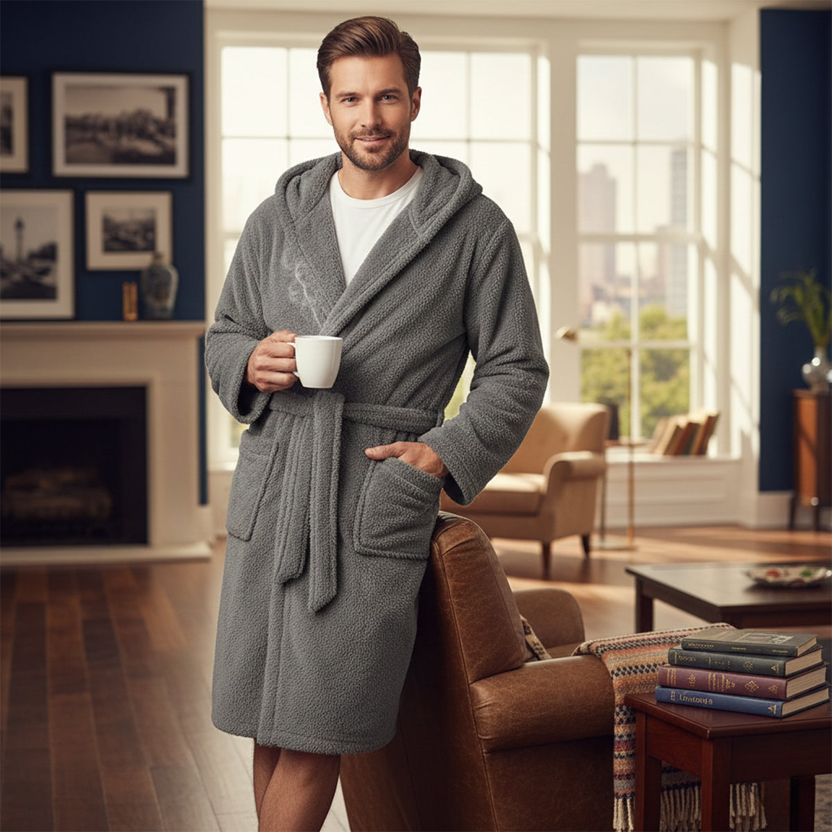 Soft Gray Men's Hooded Fleece Bathrobe with Pockets