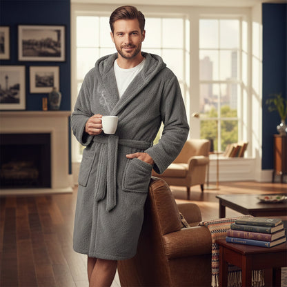 Soft Gray Men's Hooded Fleece Bathrobe with Pockets