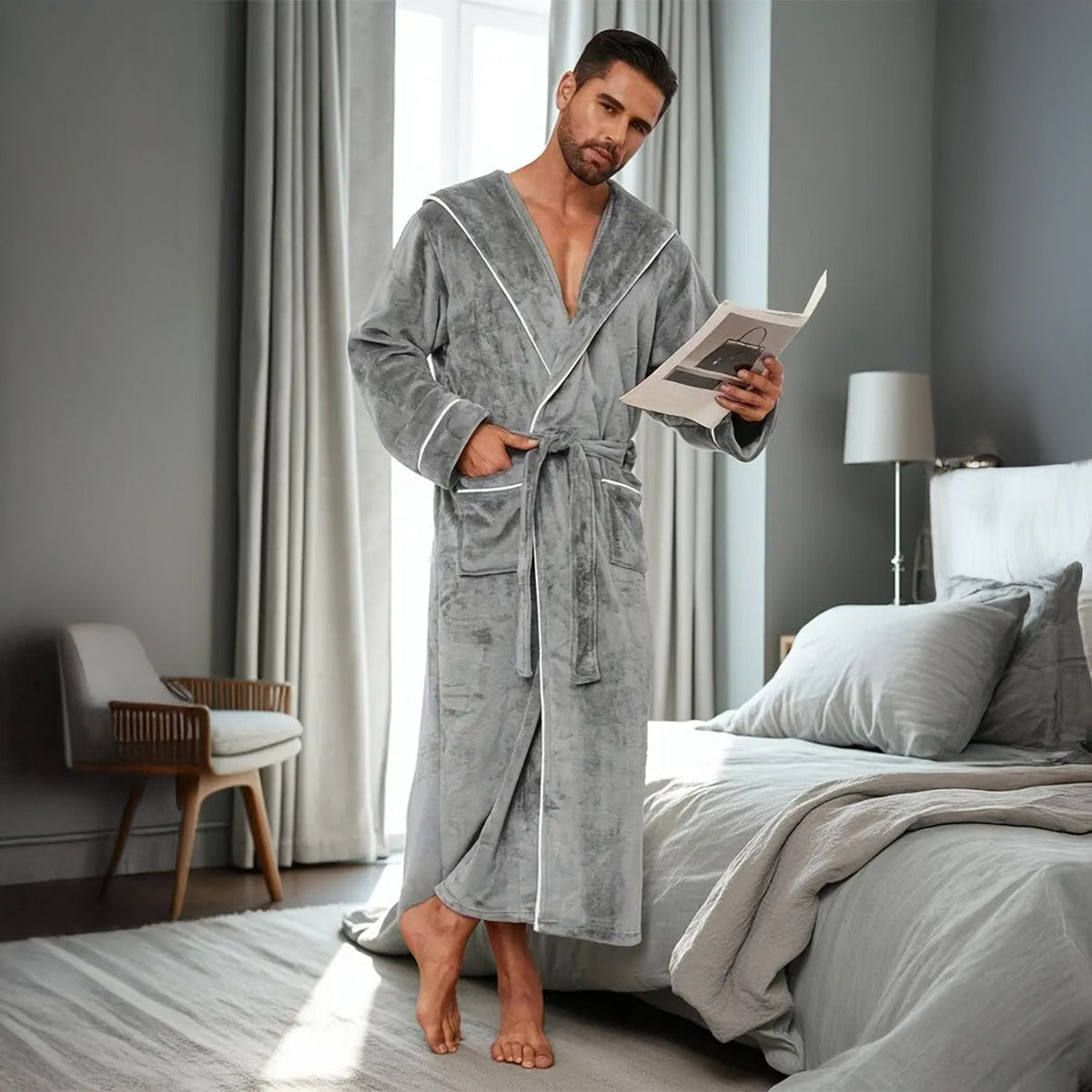 Cozy Men's Hooded Fleece Bathrobe with Tie Waist