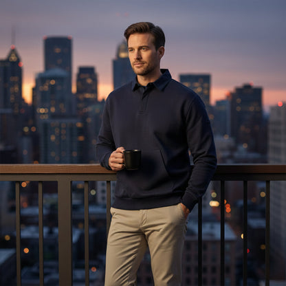 Relaxed Fit Men's Polo Fleece Sweatshirt with Pocket