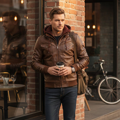 Classic Mens Vintage Leather Hoodie Jacket with Pockets
