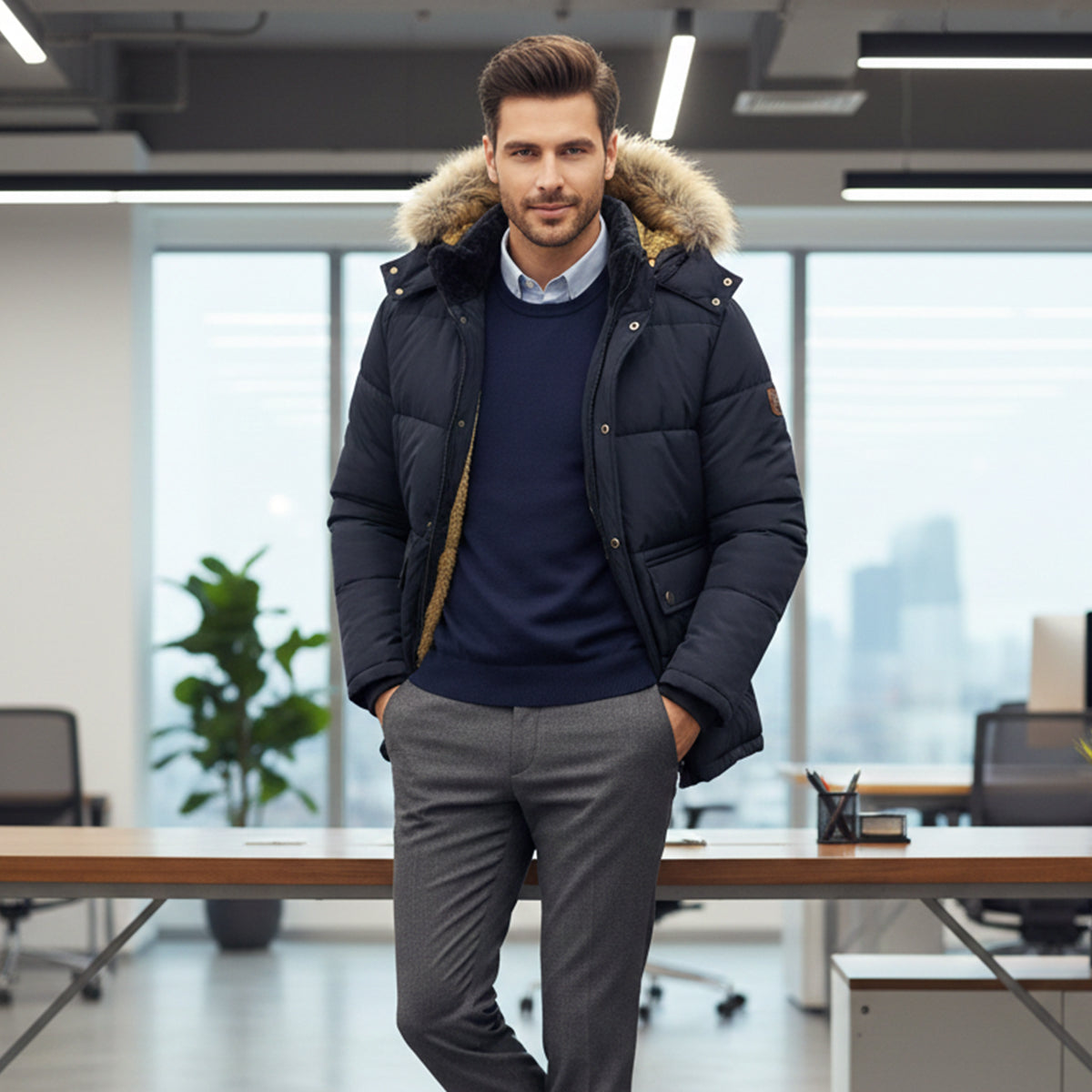Warm Men's Hooded Parka Jacket with Faux Fur Collar