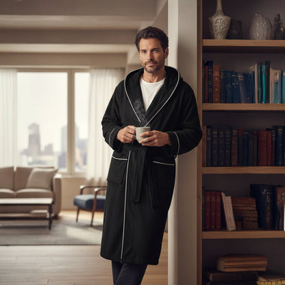 Soft Men's Hooded Plush Bathrobe with Tie Waist