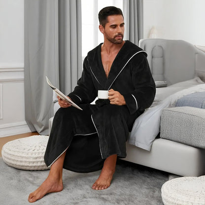 Cozy Men's Hooded Fleece Bathrobe with Tie Waist