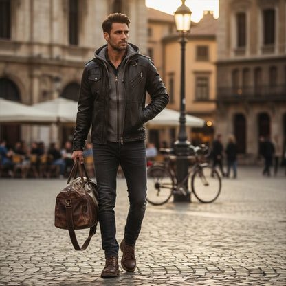 Classic Mens Vintage Leather Hoodie Jacket with Pockets