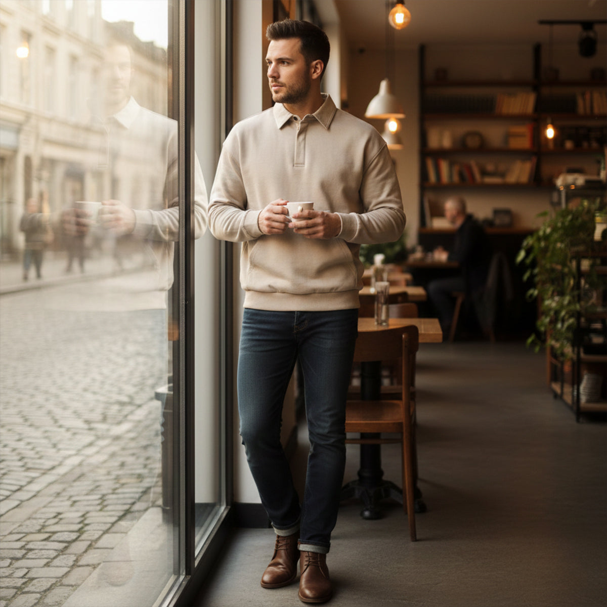 Relaxed Fit Men's Polo Fleece Sweatshirt with Pocket