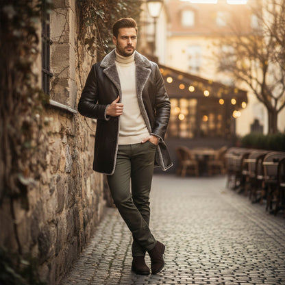 Warm Men's Leather Fur Lined Winter Coat
