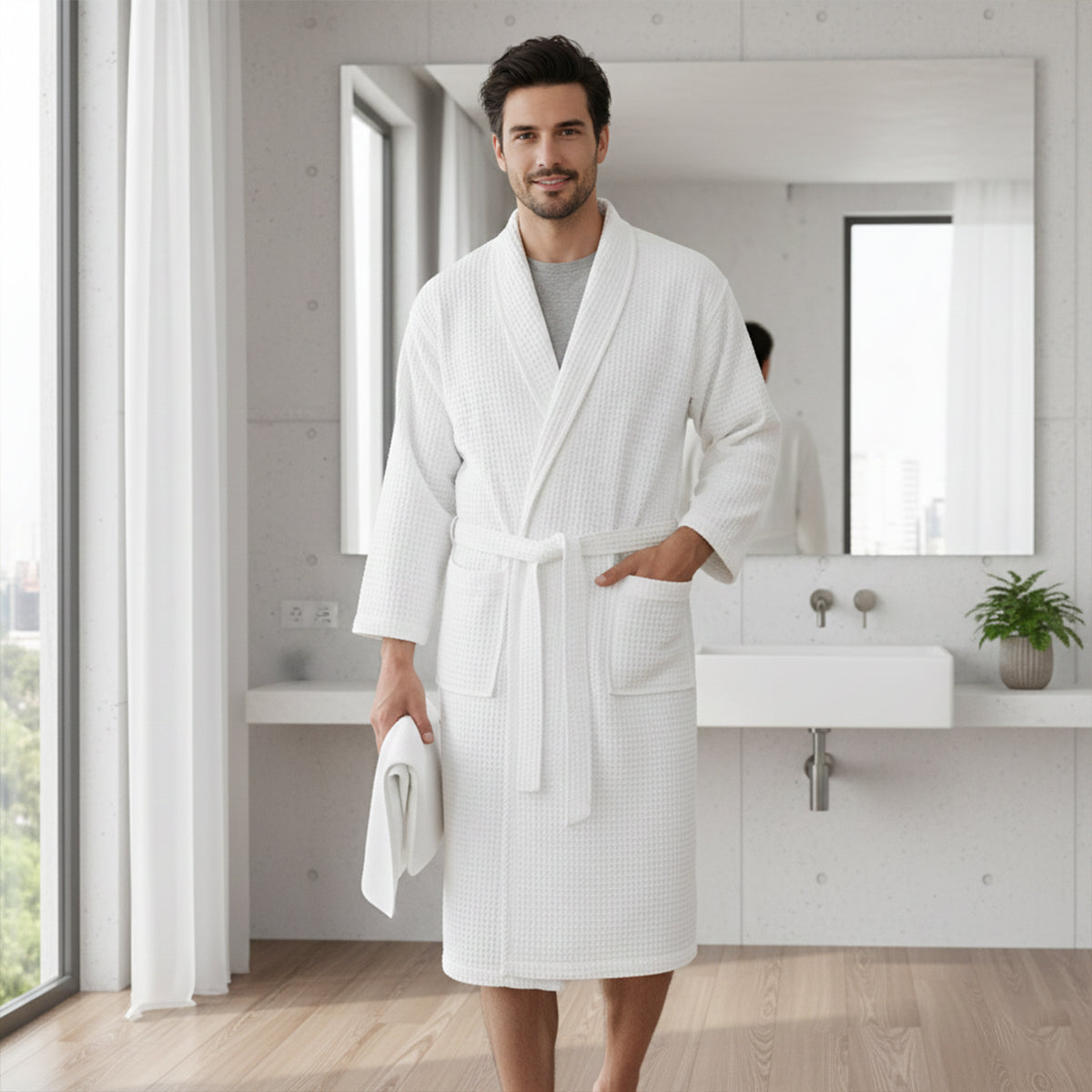 Soft Men's Waffle Weave Bath Robe with Tie