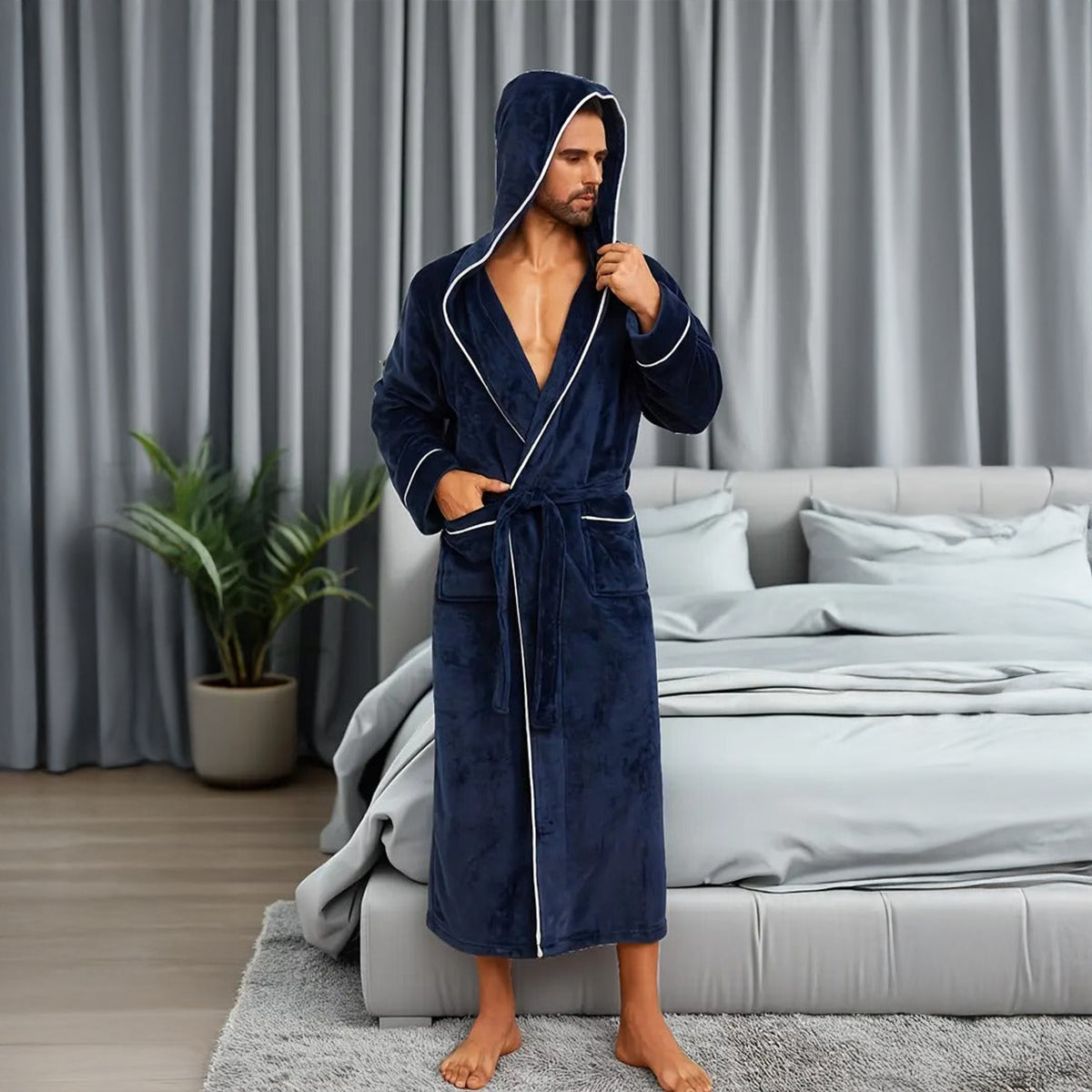 Cozy Men's Hooded Fleece Bathrobe with Tie Waist