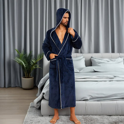 Cozy Men's Hooded Fleece Bathrobe with Tie Waist