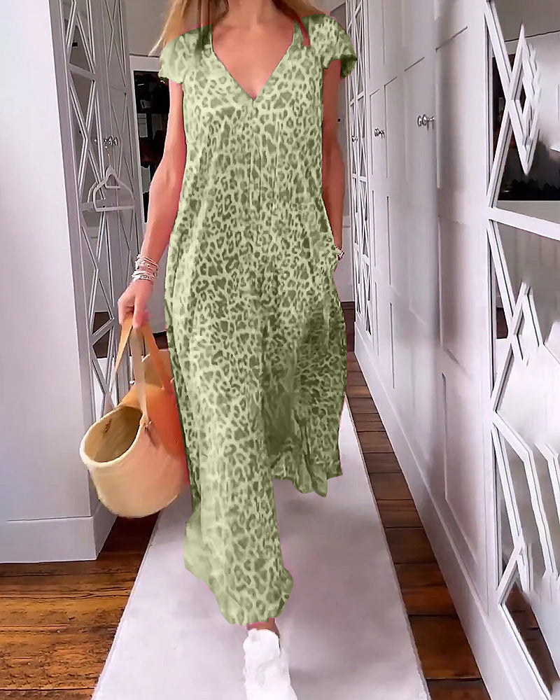 Comfy V Neck Maxi Dress with Short Sleeves