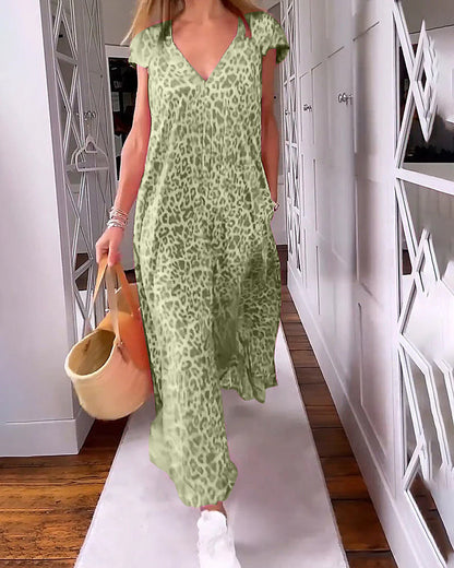 Comfy V Neck Maxi Dress with Short Sleeves