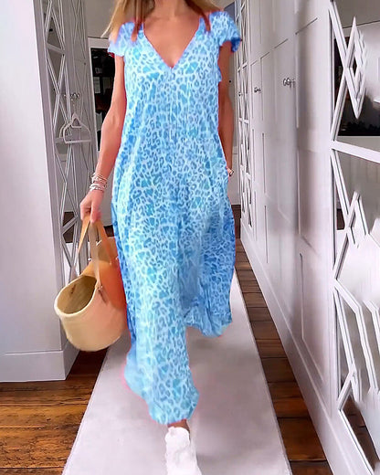 Comfy V Neck Maxi Dress with Short Sleeves