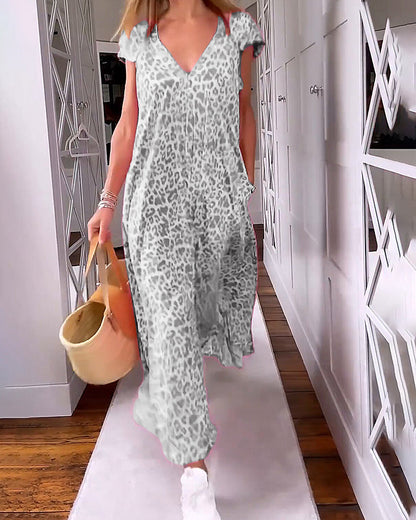 Comfy V Neck Maxi Dress with Short Sleeves