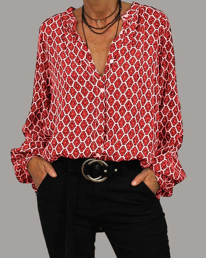 Women's V-Neck Blouse with Geometric Pattern and Long Sleeves