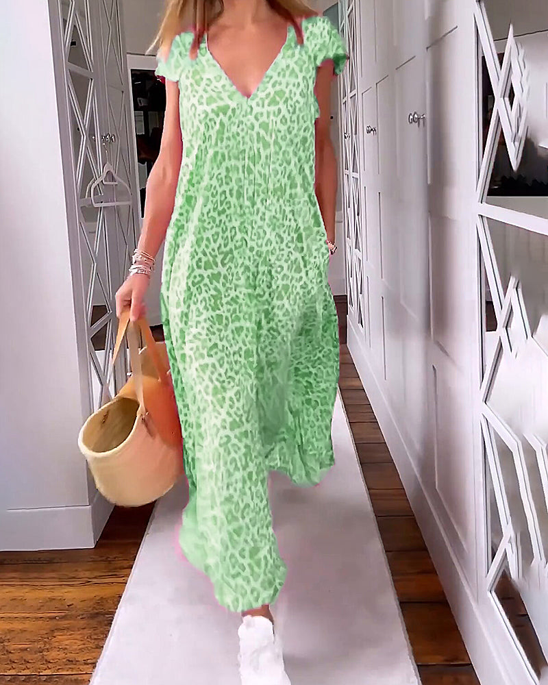 Comfy V Neck Maxi Dress with Short Sleeves