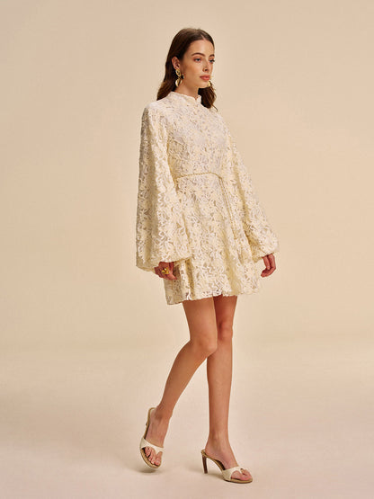 Elegant Floral Sleeve Dress With Waist Belt
