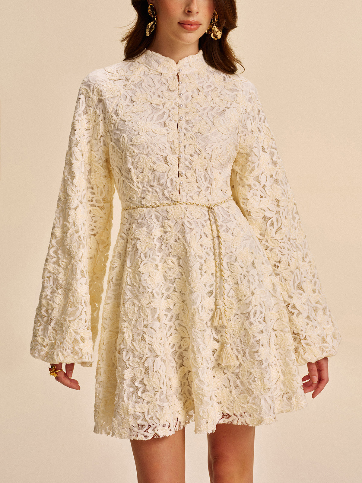 Elegant Floral Sleeve Dress With Waist Belt