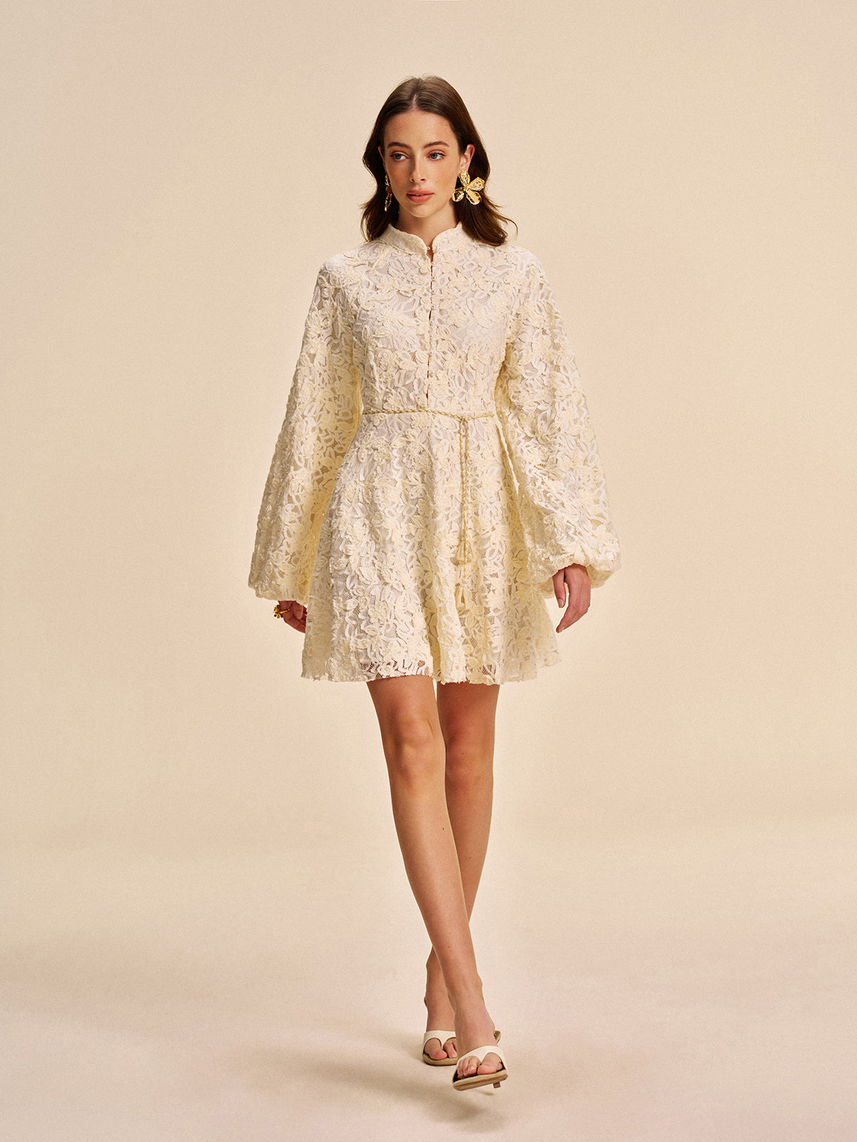 Elegant Floral Sleeve Dress With Waist Belt