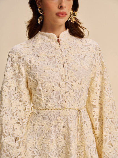 Elegant Floral Sleeve Dress With Waist Belt