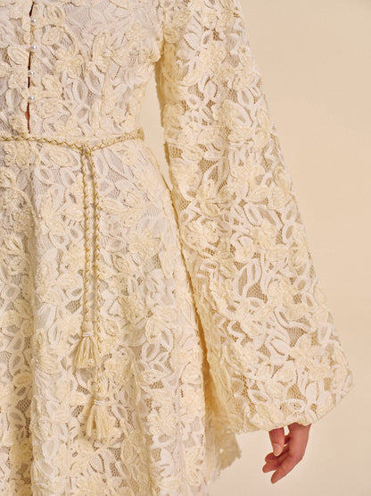 Elegant Floral Sleeve Dress With Waist Belt