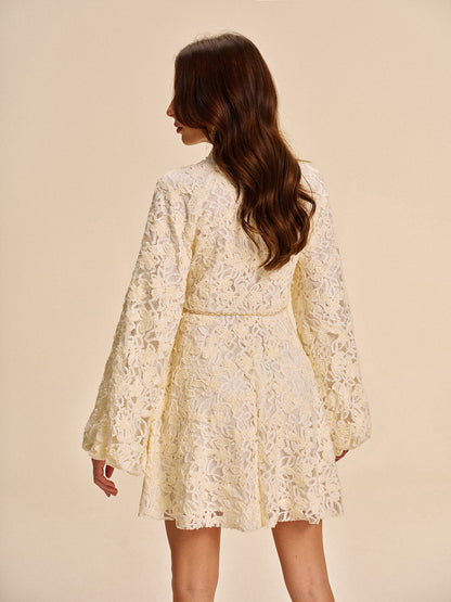 Elegant Floral Sleeve Dress With Waist Belt