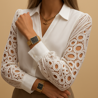 Elegant lace sleeve blouse for women with classic collar and button front, perfect for work, dinners, or formal occasions.