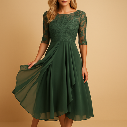 Elegant lace top midi dress for women with asymmetrical layered skirt, ideal for cocktail parties, summer events, and special occasions.