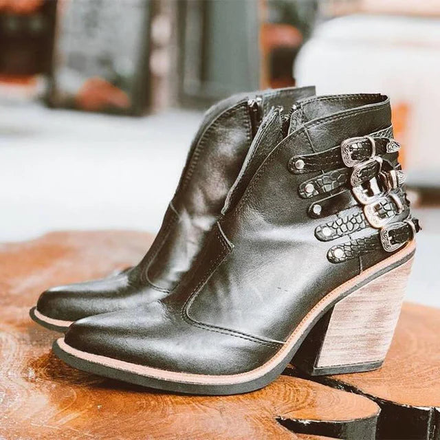 Women's Low Heel Ankle Boots with Buckle Strap - Pexav