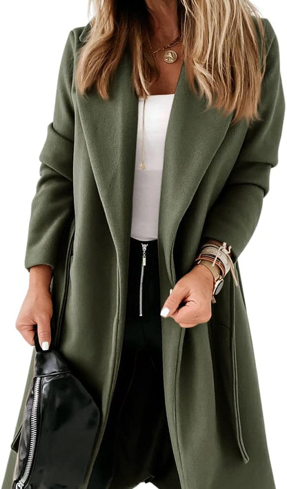 Ladies Classic Coat with Notched Collar and Open Front – Paulina-Olive Green-S-Nora Luxe