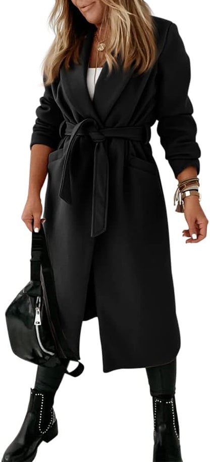 Ladies Classic Coat with Notched Collar and Open Front – Paulina-Olive Green-S-Nora Luxe