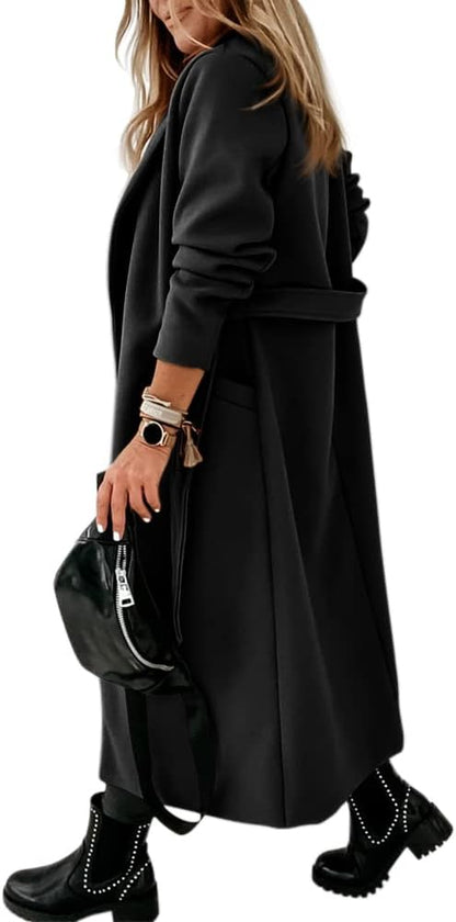 Ladies Classic Coat with Notched Collar and Open Front – Paulina-Olive Green-S-Nora Luxe