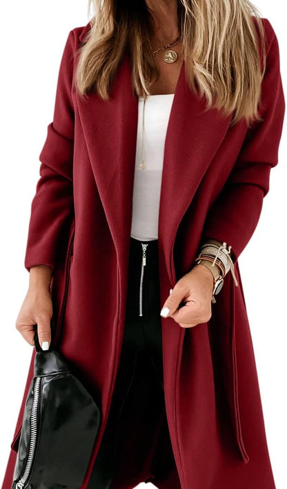 Ladies Classic Coat with Notched Collar and Open Front – Paulina-Wine Red-S-Nora Luxe