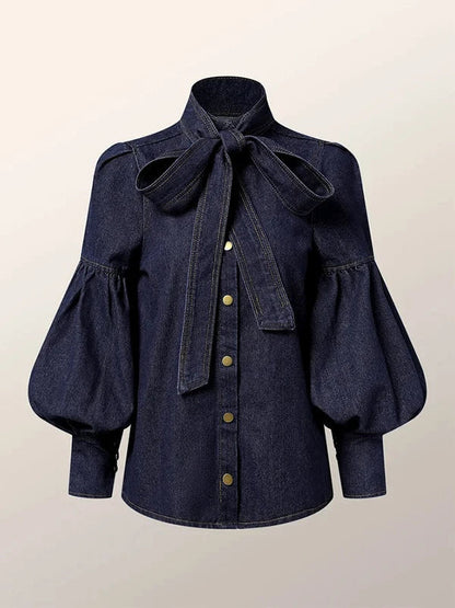 Ladies Denim Blouse with Puff Sleeves - Riva-S-Nora Luxe
