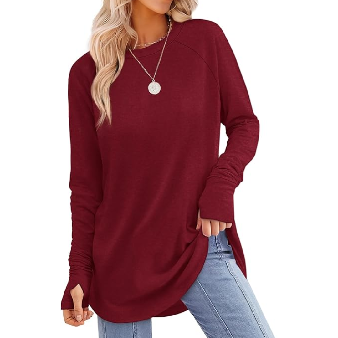 Ladies Long Sleeve Tunic Top with Thumbholes - Tamari-Bordeaux Red-S-Nora Luxe
