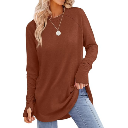 Ladies Long Sleeve Tunic Top with Thumbholes - Tamari-Brown-S-Nora Luxe