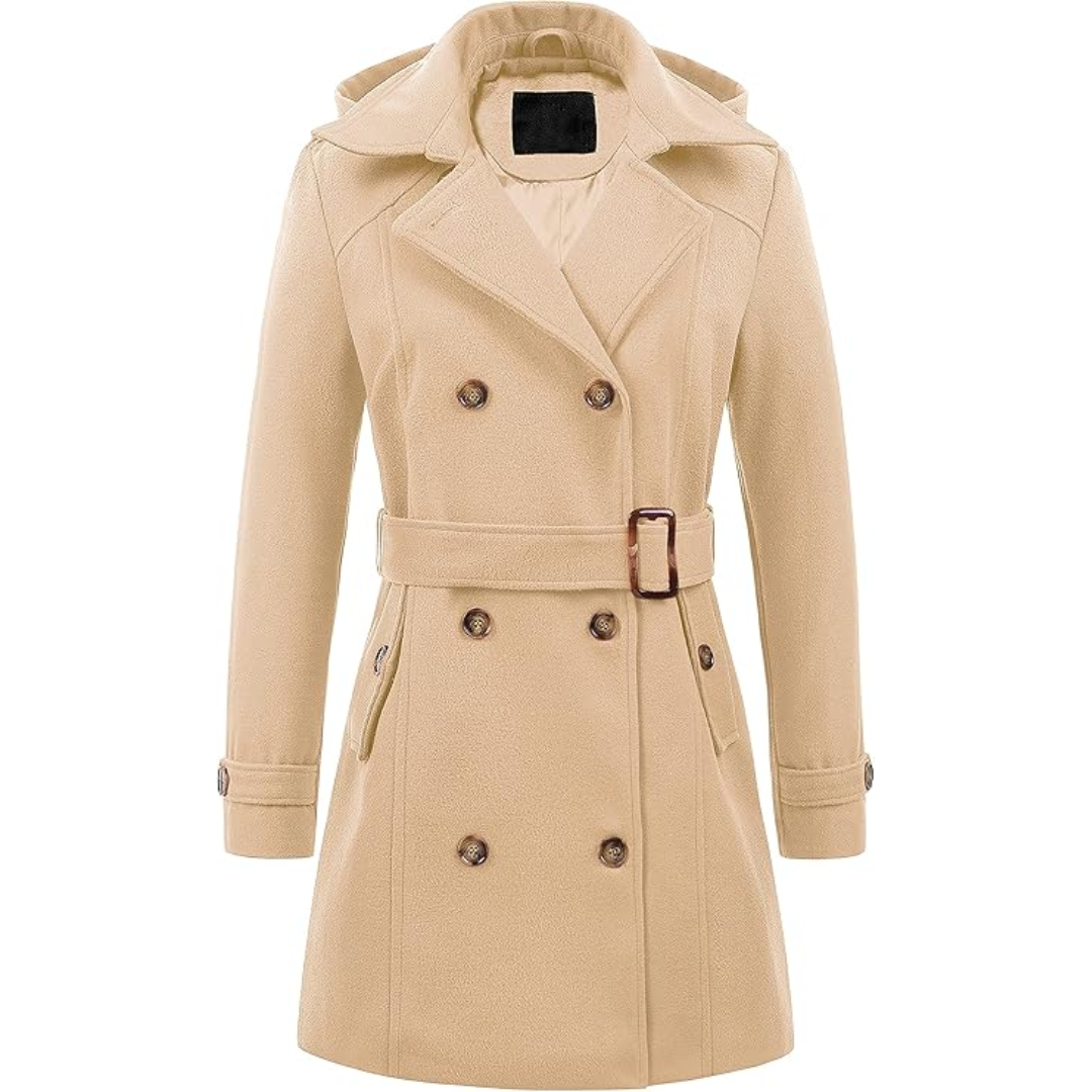 Ladies Padded Winter Trench Coat with Hood - Nina-Khaki-S-Nora Luxe