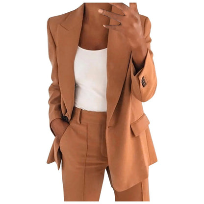 Ladies' Suit Set with Blazer and Trousers in Plain Colour - MiraSet-Khaki-S-Nora Luxe