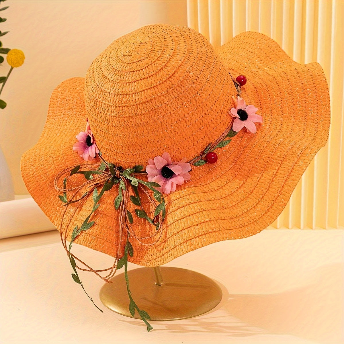 Ladies' Summer Straw Hat with Flower and Fruit Details – Solène-Orange-State of Style