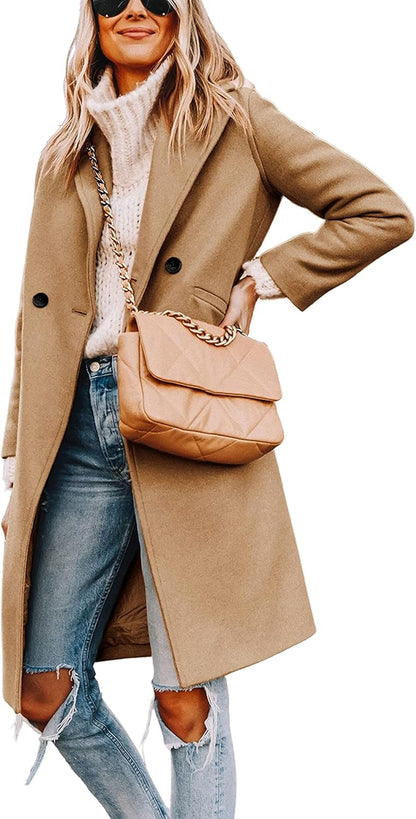 Ladies' Winter Wool Coat with Notch Lapels - Sofia-Khaki-XS-Nora Luxe