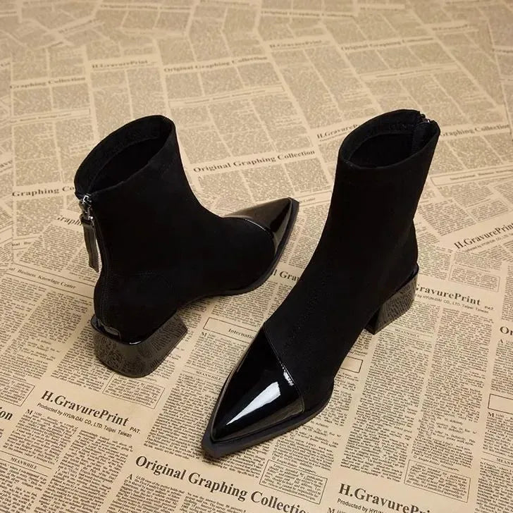 Ladies High Heel Ankle Boots with Block Heel and Zip Back