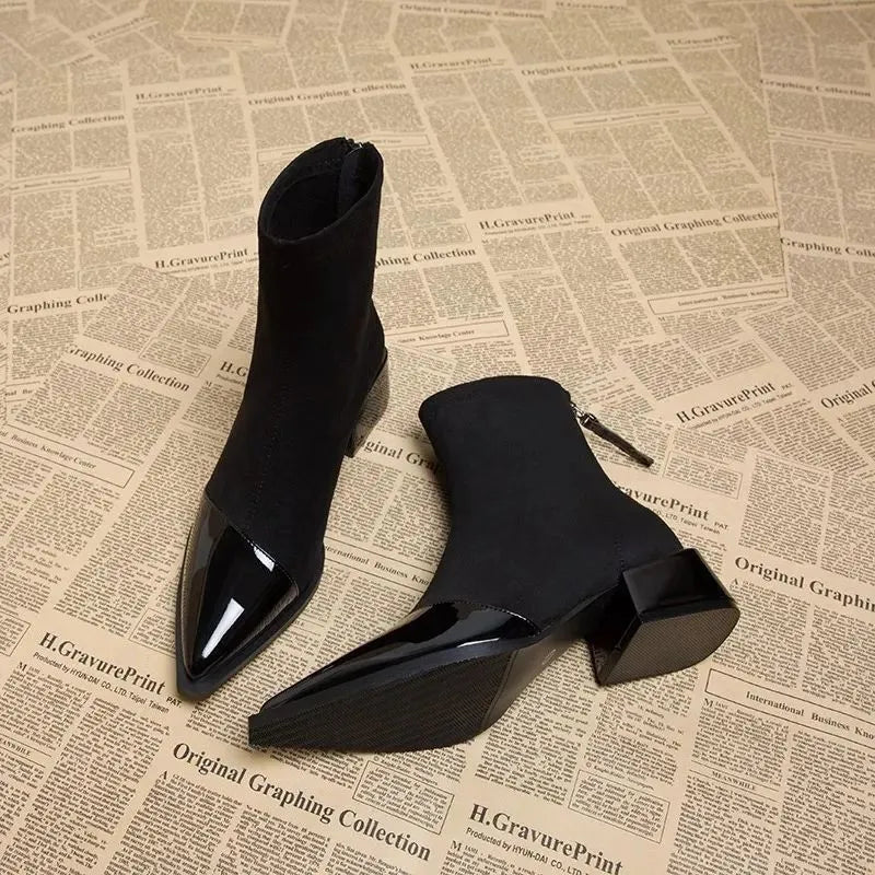 Ladies High Heel Ankle Boots with Block Heel and Zip Back
