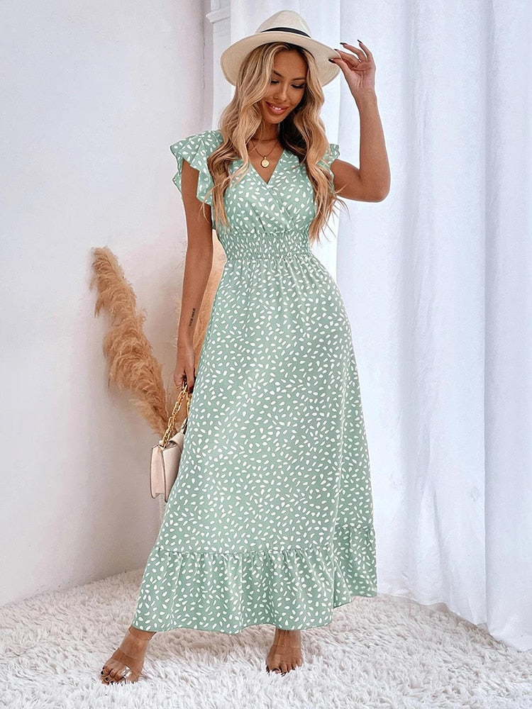 Image of Lana | Women's V-Neck Ruffle Sleeve Maxi Dress