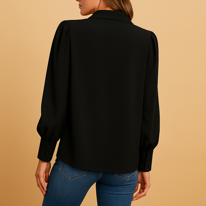 Elegant lantern sleeve blouse for women with pleated details and buttoned collar, perfect for work, daily wear, or stylish casual occasions.