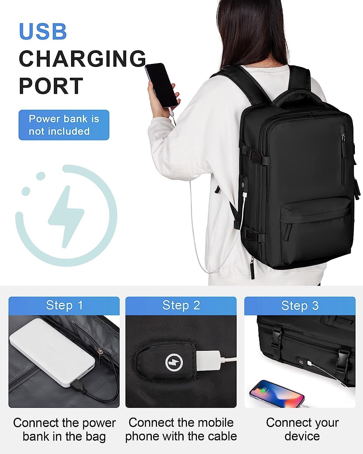 Waterproof 40L Laptop Backpack with USB Charger Pocket