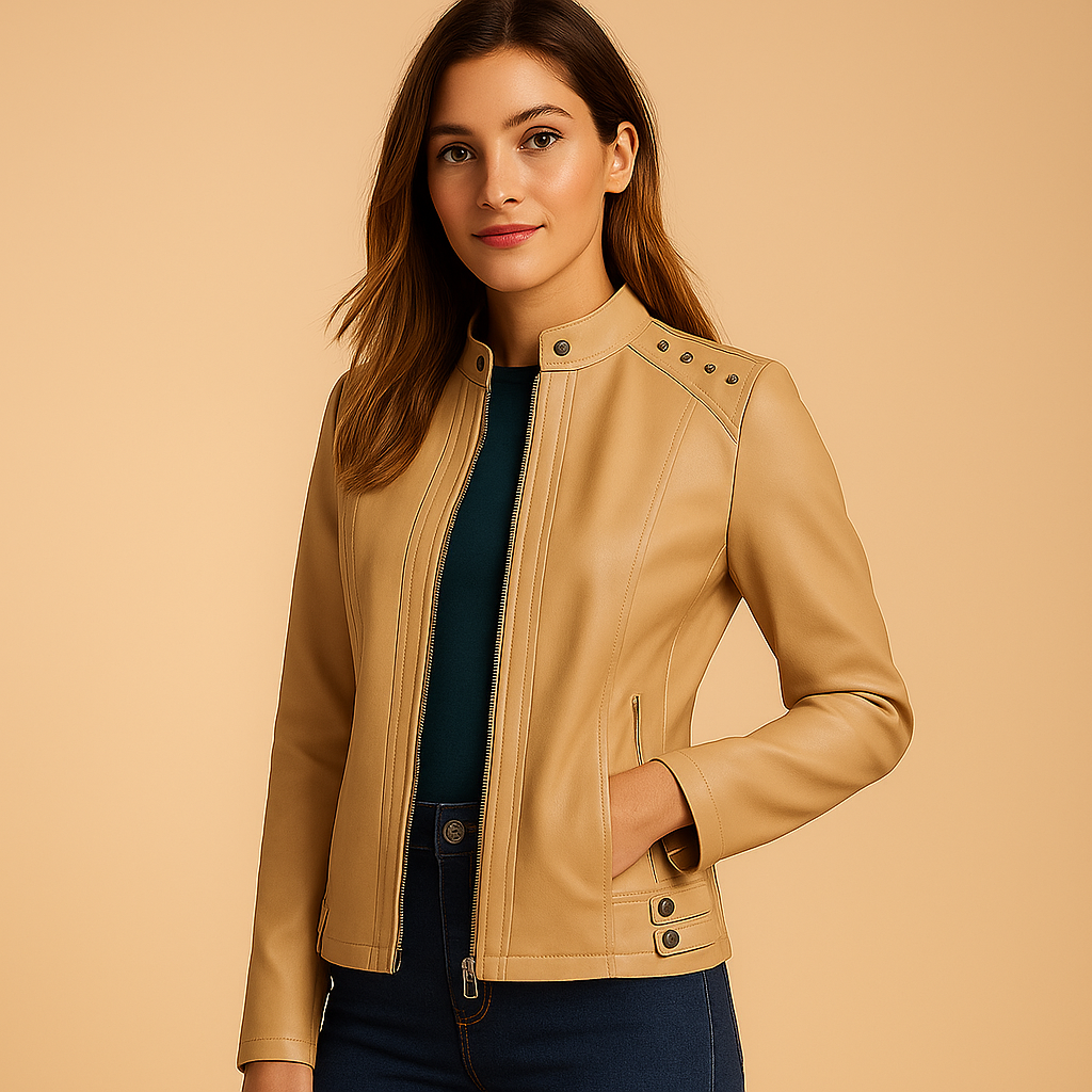 Leather biker jacket for women with structured fit, stand-up collar, metal accents, and shoulder studs, perfect for casual or chic spring and autumn looks.