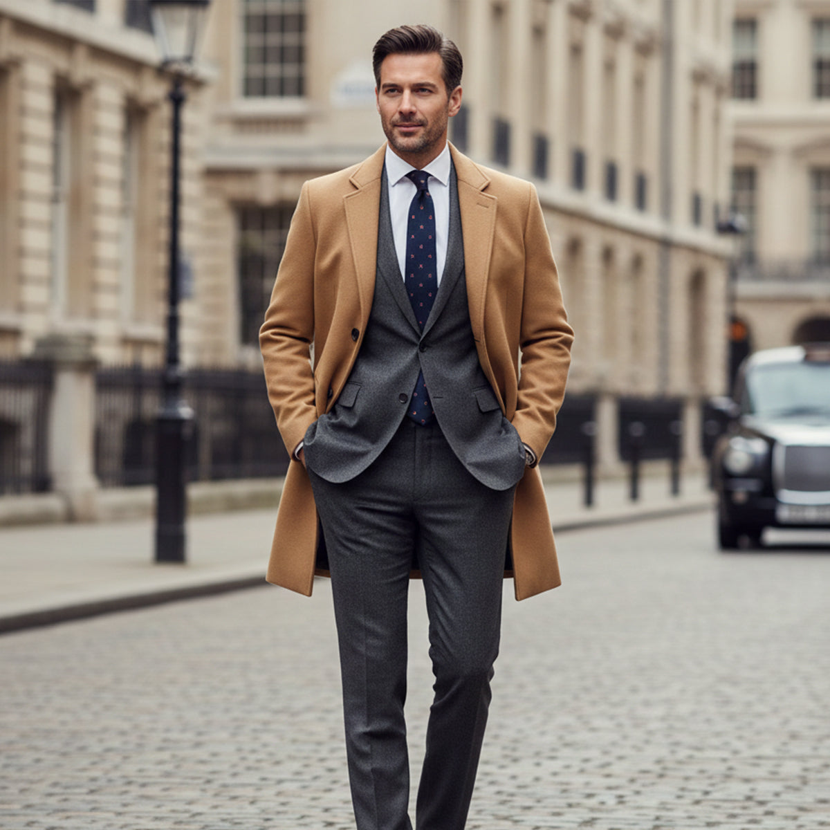 Classic Men's Slim Fit Camel Wool Overcoat