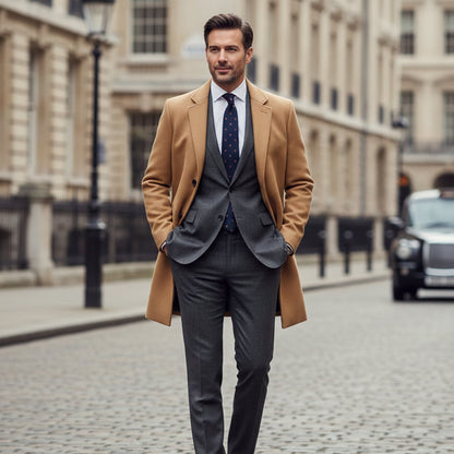 Classic Men's Slim Fit Camel Wool Overcoat